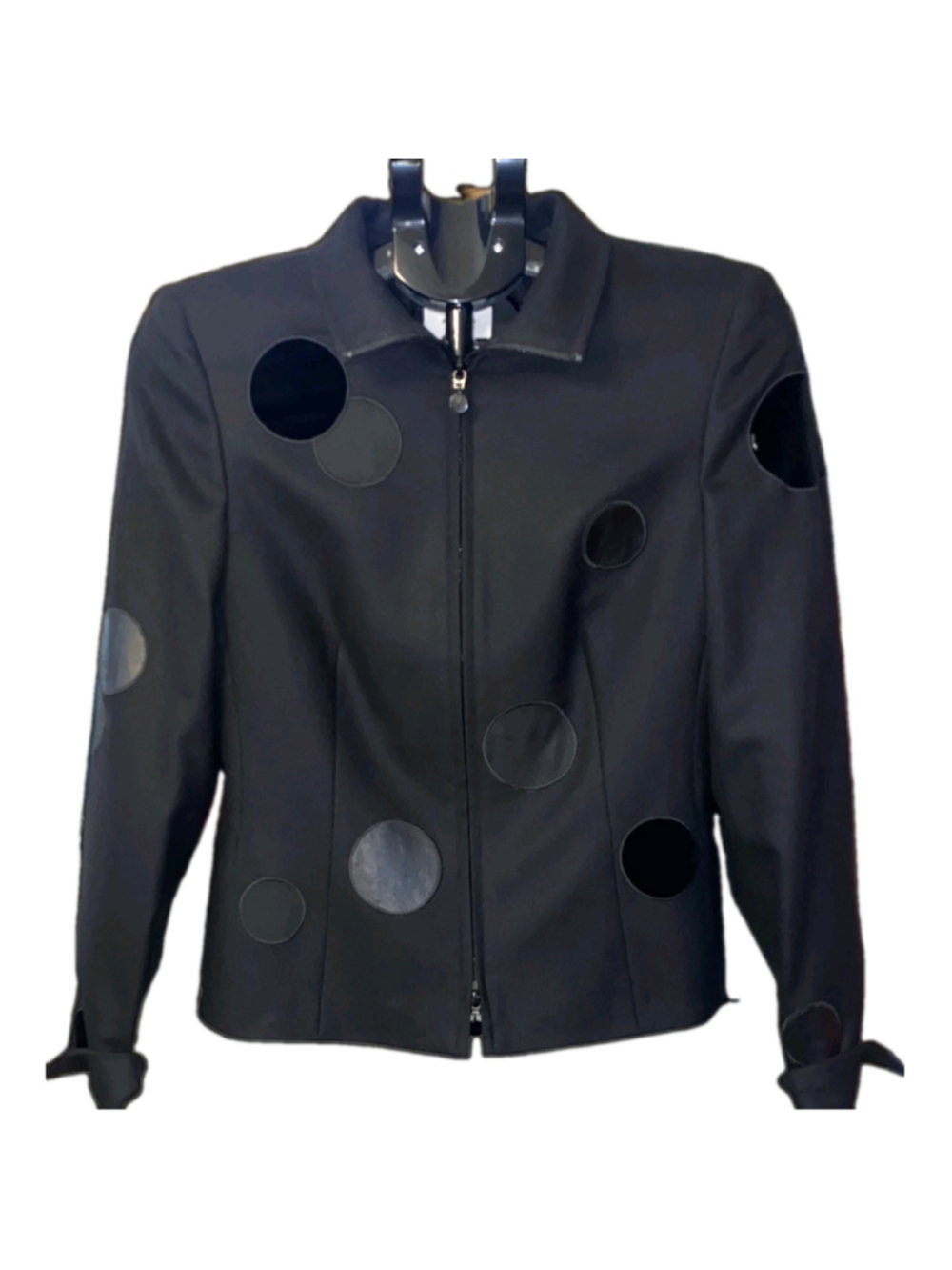 Akris Punto Womens Black Small Wool Leather Applique Zip Jacket Art to Wear